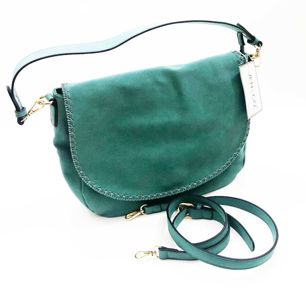Jen & Co Jess Vegan Stitched Shoulder Bag Faux Suede Faun Blue 15x11x3.5 inches